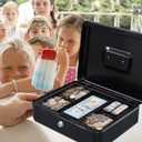 KYODOLED Metal Cash Box with Money Tray and Lock,Money Box with Cash Tray,Cash Drawer,11.81"x 9.45"x 3.54" Black X Large