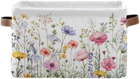 YETTASBIN Herbal Wildflowers Storage Basket 1pc, Large Collapsible Toys Clothes Organizer, Durable Canvas Storage Bin with Handle for Shelves Closet Laundry Home Office Decor
