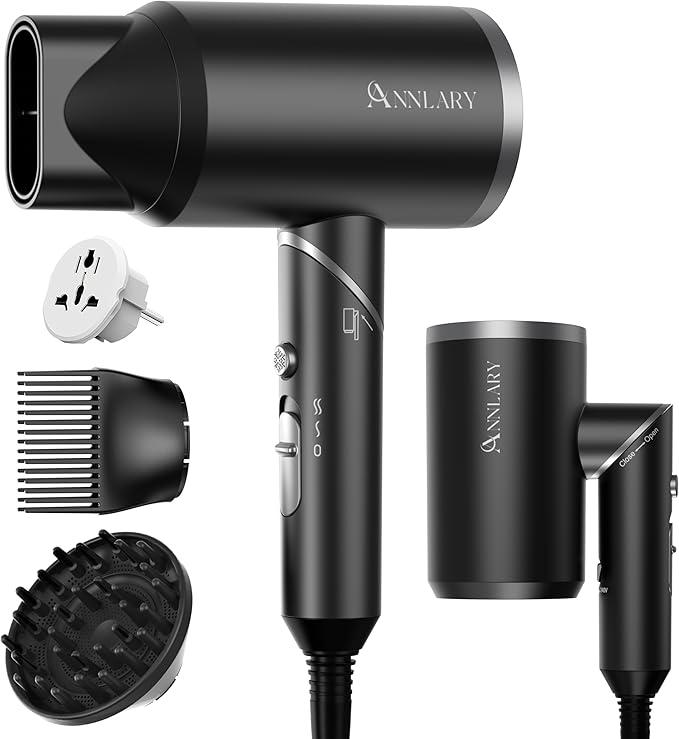 ANNLARY Dual Voltage Travel Hair Dryer with Diffuser & Comb, 1800W Portable Foldable Blow Dryer, Plasma Ionic Hairdryer for Frizz Control & Shine, Low Noise, 110V120V/220V240V European Use