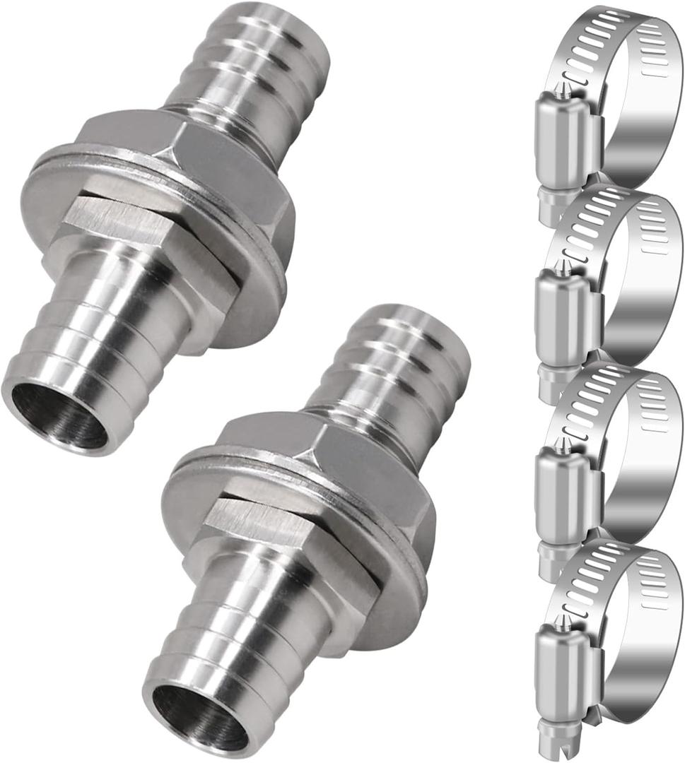1/2 Inch Stainless Steel Hose Barb Bulkhead Fitting for Water Fuel Air Systems with Flat Washers and Clamps (2 Pack)