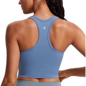 CRZ YOGA Butterluxe Womens Y-Back Racerback Longline Sports Bra - Padded Scoop Neck Workout Crop Tank Top with Built in Pads Oasis Blue Small