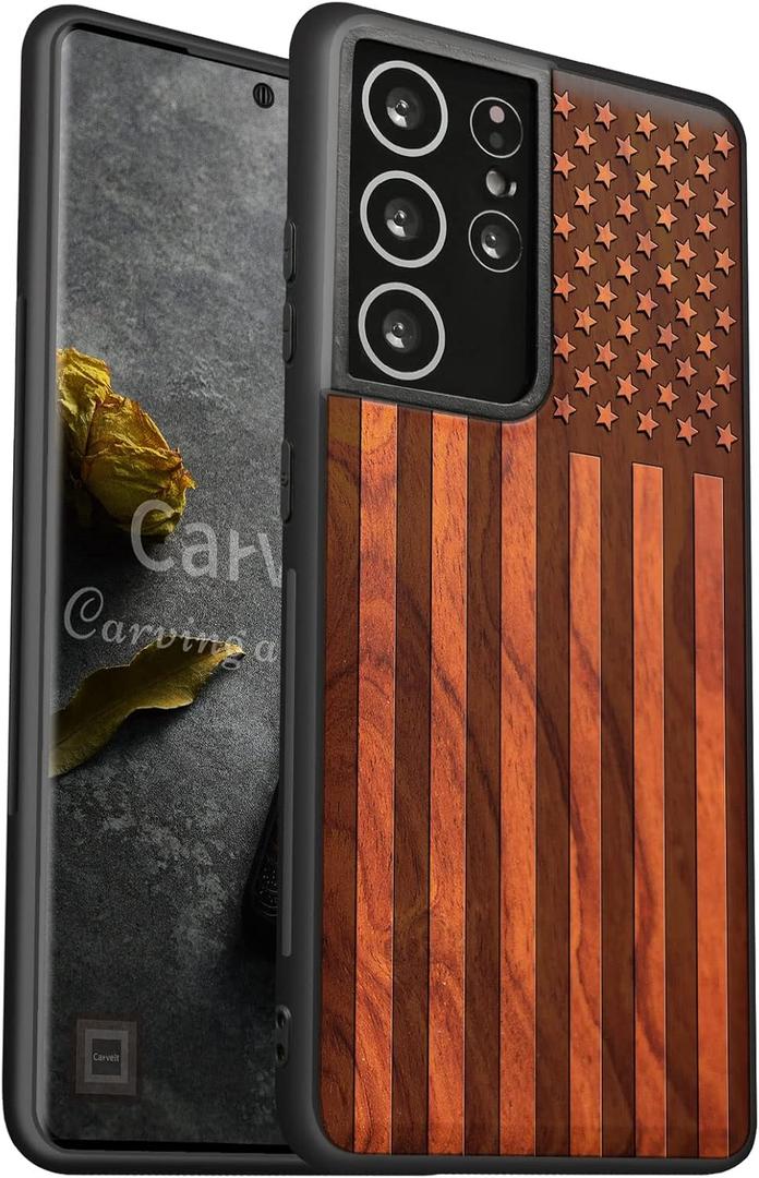 Carveit Wood Case for Galaxy S21 Ultra Case [Hard Real Wood & Soft TPU] Shockproof Hybrid Protective Unique Wooden Cover Compatible with Samsung S21 Ultra (American Flag Carving-Rosy) (Galaxy S21 Ultra 5G (6.8 Inch))