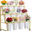 Flower Display Stand with 12Pcs Buckets, Flower Cart Display Stand with Wheels, 3 Tier Metal Plant Stand, Moving Heavy Duty Flower Cart Flower Rack for Florist Indoor Outdoor Patio Garden (Gold, 12pcs)