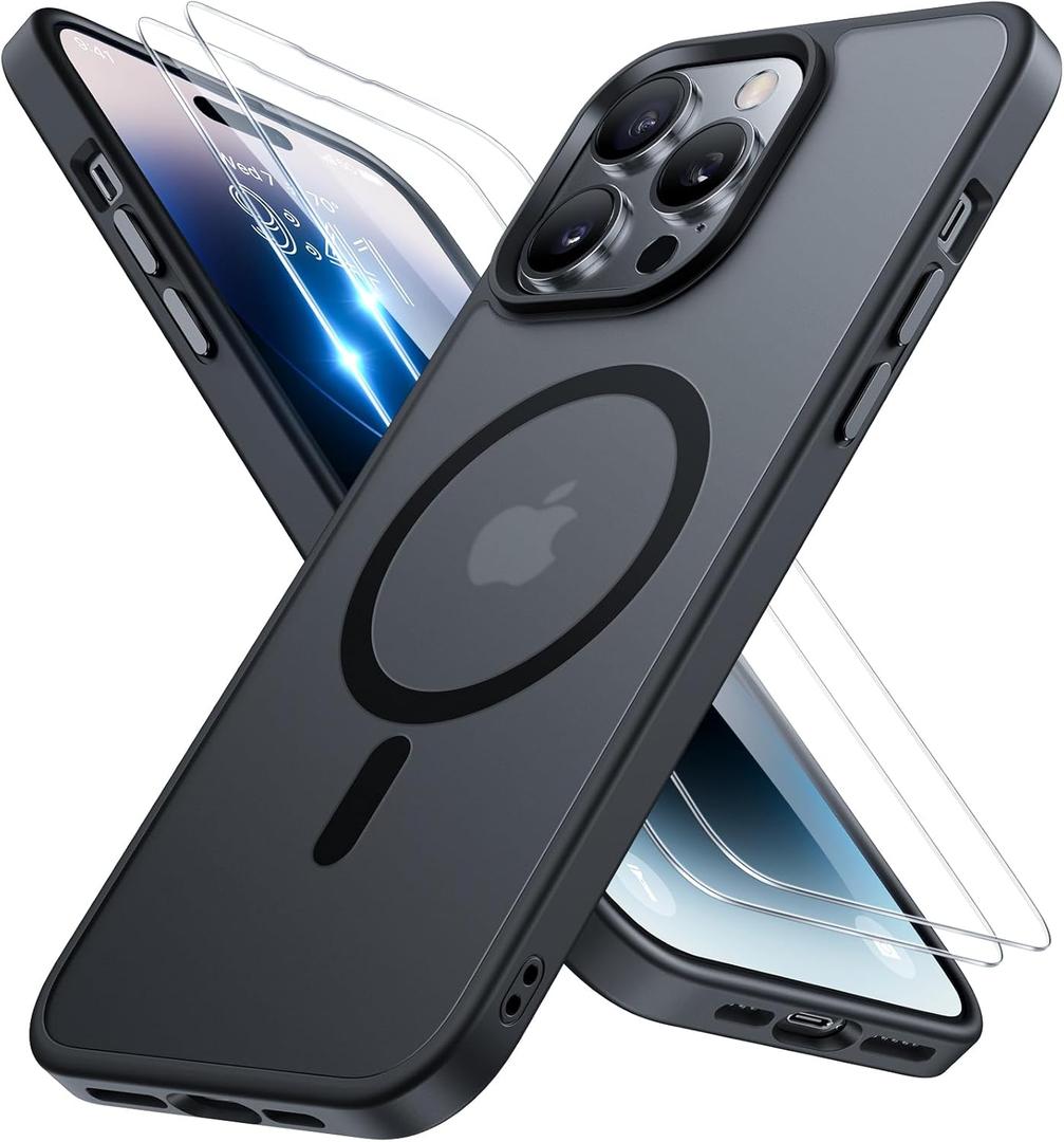 Miracase 2025 Upgraded Magnetic for iPhone 14 Pro Case [Compatible with MagSafe] [with 2X Screen Protector] Military-Grade Protection, Anti-Fingerprint, Slim Phone Case for iPhone 14 Pro, Black
