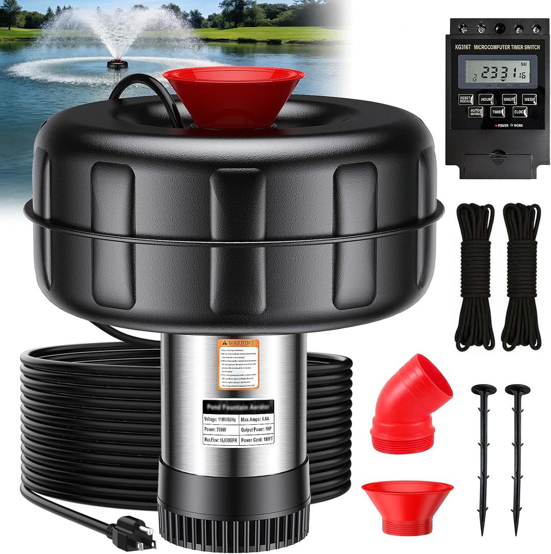 Pond Fountain Aerator, 1HP 15000 GPH with Timer and 100 FT Cord