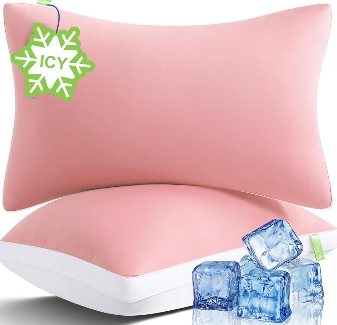 Cooling Bed Pillows King Size Set of 2, Cool for Hot Sleepers, Soft Gusseted Hotel Down Alternative Pillow 2 Pack for Side Back Stomach Sleeper, Supportive, Pain Relief, ICY Pink, 20" x 34"