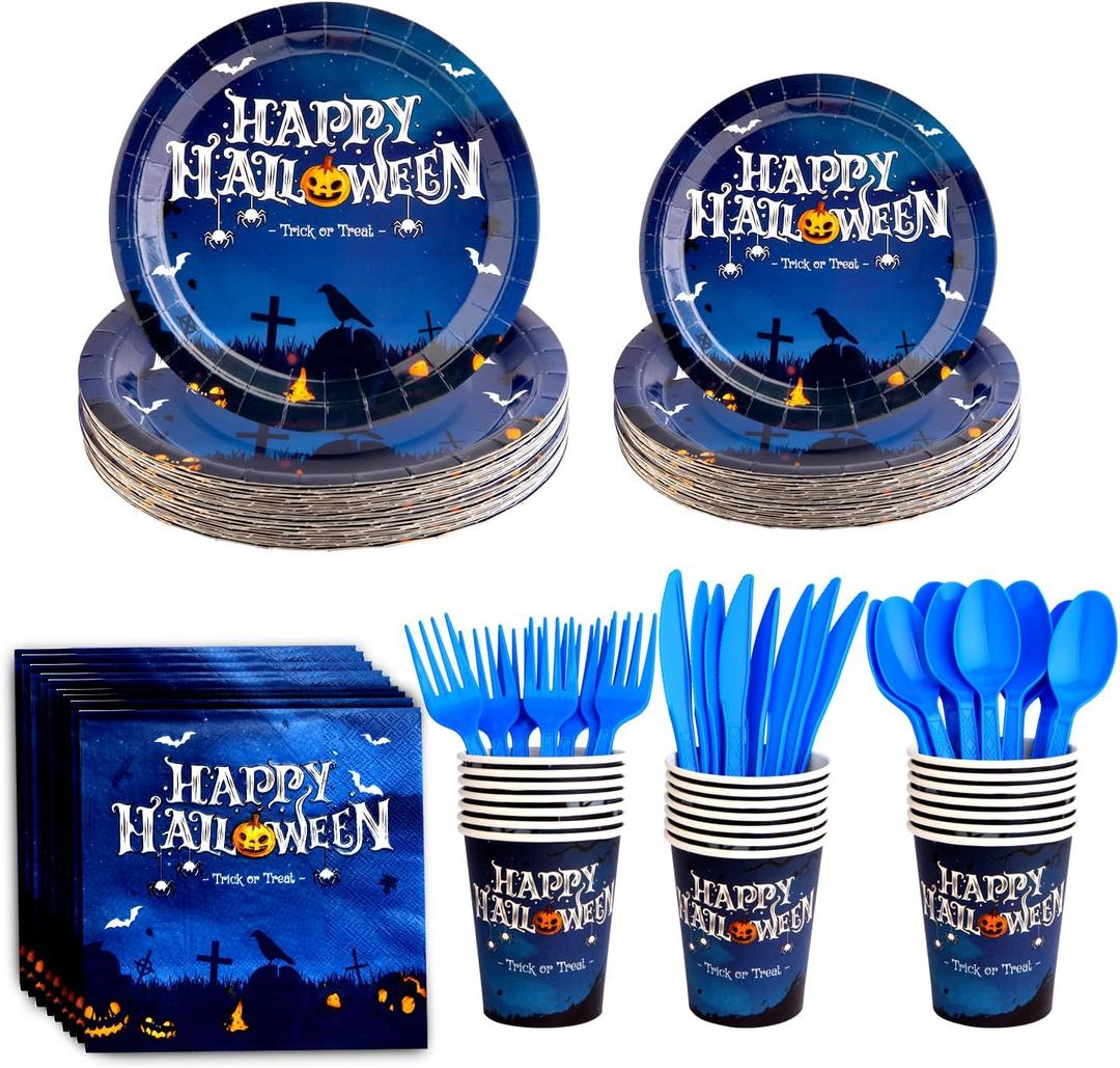175 Disposable Party Tableware Set Happy Halloween Disposable Party Tableware-Black Halloween Paper Plate Cup, Golden Plastic Fork, Knife and Spoon