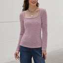 IWD Womens Striped Long Sleeve Shirts Slim Fit Square Neck Tops 2026 Spring Lightweight Knit Pullover Sweater (Red, S)