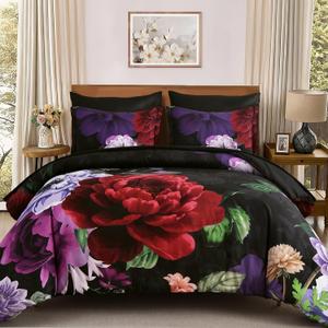 WONGS BEDDING Black Comforter Set King Size, 7 Pieces Floral Bed in a Bag Set, Luxury Red Flower Bedding Set, Soft Microfiber for All Season with Pillowcases & Shams,Sheets(90"104")