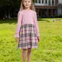 Girls Fall Winter Dress Plaid Ribbed Ruffle Long Sleeve Dress with Beret Hat 2Pcs Girls Casual Party Dresses for 6-12 Years (Pink)