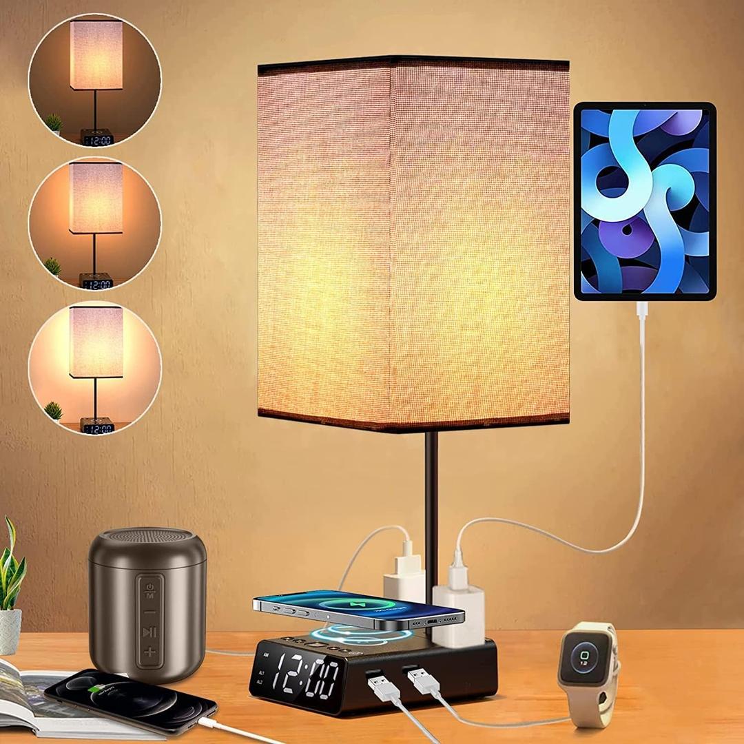 Bedside Lamp with USB Ports & AC Outlets, 15W Wireless Charger Table Lamp with Clock, 3 Way Dimmable Nightstand Lamps for Bedroom Living Room,Touch Lamp with Charging Station,Grey Shade & Black Base (Square)