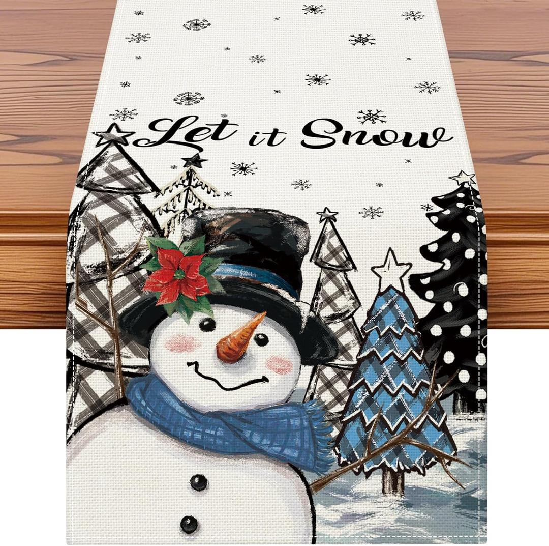 Artscope Snowman Christmas Tree Table Runner, Let It Snow Xmas Winter Snowflakes Holiday Kitchen Dining Table Decoration for Christmas Home Party Decor 13x90 Inch-Blue