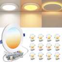 12 Pack 6 Inch LED Recessed Ceiling Light with Night Light| 5CCT Dimmable 2700K-5000K| RA90 1050LM 12W 120V| Ultra-Thin High Brightness Canless Wafer Downlight with Junction Box| IC ETL FCC