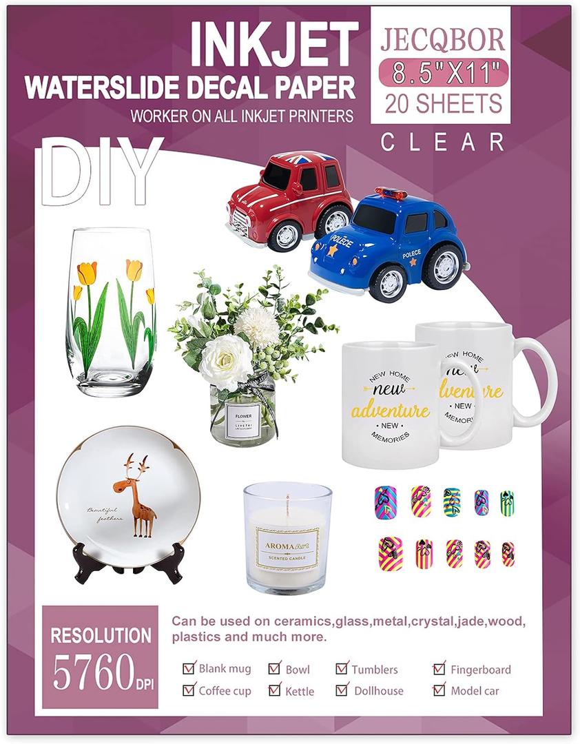 20 Sheets Waterslide Decal Paper INKJET CLEAR,8.5X11 Inch Water Slide Transfer Paper Transparent Printable for Tumblers,Ceramics,Plastics,Glasses,DIY