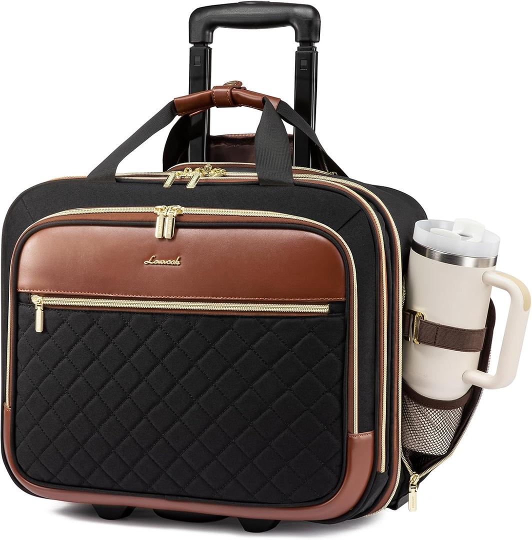 LOVEVOOK Rolling Laptop Bag Women, 17.3 Inch Laptop Briefcase with Wheels, Soft Sided Underseat Carry On Luggage Personal Item Suitcase for Work Travel Business, Black Brown