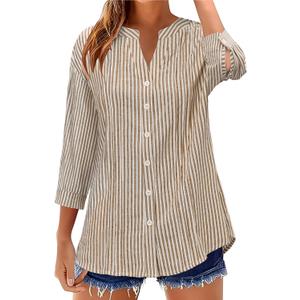 Micoson Womens 3/4 Sleeve Tops Cotton Linen Button Down Shirts V Neck Pleated Casual Loose Blouses Roll Up Sleeve Shirt (Beige, S)