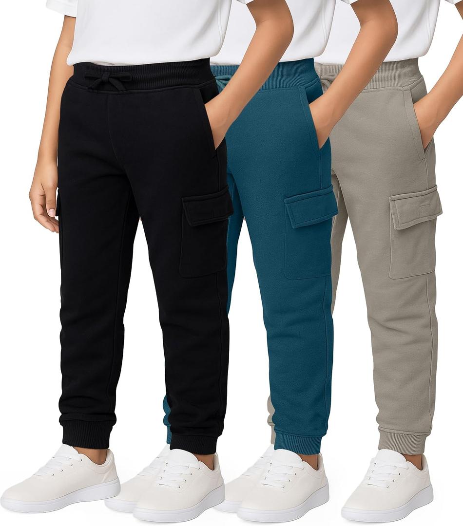 3 Pack Boys' Cotton Cargo Fleece Joggers Sweatpants Pockets Athletic Kids | Available In Sizes 6-18, Pants, Sweats, Teen, Youth, School, Drawstring, Elastic Waist, Ribbed Cuffs, Stretchy, Casual, Track (Black, M)