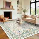Washable Boho Area Rug 8'10' Beige Green Pink Boho Large Living Room Rug Floral Non-Slip Colorful Indoor Decor Soft Oriental Vintage Bedroom Carpet Dining Room Nursery Home Office