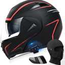 Motorcycle Bluetooth Modular Helmet, DOT Approved Dual Visor Full Face Flip Up Bluetooth Integrated Motorcycle Helmet for Adults Men and Women (Red,X-Large)