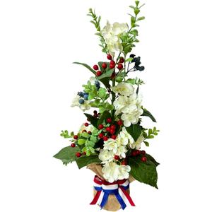 Lighted Patriotic Tree 4th of July Decorations Patriotic Floral Arrangement Centerpiece for Table Red Berries White Hydrangea Blueberry 10 LED with Timer for Independence Day Home Decor,Memorial Day