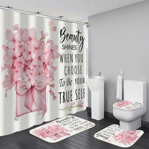 AZHM 4 Pcs Pink Fashion Shower Curtain Sets with Rugs Flower Bathroom Decor Set with Shower Curtain and Rugs and Accessories Modern Perfume Bottle Floral Bathroom Curtain with 12 Hooks