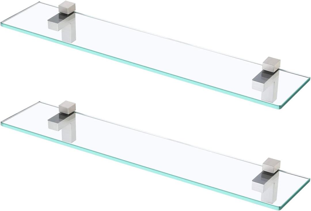 KES Glass Shelves for Bathroom, 24 Inches Bathroom Floating Shelf with Tempered Glass and Brushed Nickel Bracket Wall Mount 2 Pack, BGS3201S60-2-P2