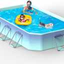 Foldable Kiddie Pool 113" x 65" x 19" Reinforced Sidewalls for Stability Non-Inflatable Collapsible Large Pool Dog Bathtub Portable Indoor Outdoor Glacial Blue Framed Swimming Pools