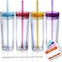 SKINNY TUMBLERS 4 Colored Acrylic Tumblers with Lids and Straws | Skinny, 16oz Double Wall Clear Plastic Tumblers With FREE Straw Cleaner & Name Tags! (Multicolor, 4)