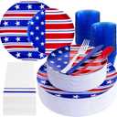Festiva 175Pcs 4th of July Plates & Red White Blue Disposable Plastic Silverware &Clear Blue Cups-American Flag Patriotic Party Supplies for,4th of July,Veterans Day&Memorial Day (25 Guests)