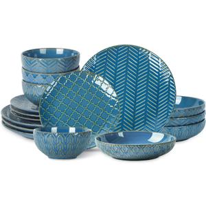 Sureasy Ceramic Dinnerware Set for 4-16 Pieces Embossed Plates and Bowls Sets, Scratch Resistant Dish Set, Microwave, Oven & Dishwasher Safe, Blue
