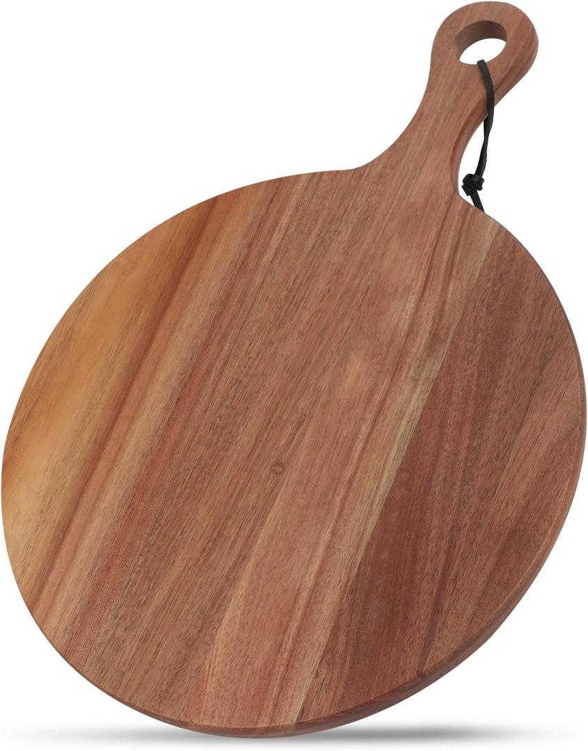 Acacia Wood Round Cutting Board with Handle Wooden Charcuterie Board Wood Pizza Peel, Decorative Serving Board and Platter for Cheese, Bread, Fruits, Vegetables, Kitchen Chopping, Food Prep16.3" x 12"