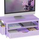 Gianotter Wood Monitor Stand Riser, Desk Organizer with Drawer and 2 Pen Holders, 2-Tier Workspace Organizer for Office Supplies (Purple Wood)