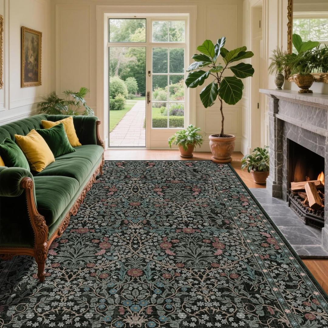 6x9 Washable Area Rugs for Living Room, Stain Resistant Vintage Rugs for Dining Room Under Kitchen Table, Bedroom, Floral Low Pile Non-Slip Large Carpet (6 x 9 Dark Green)