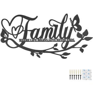 Family Where Life Begins Love Never Ends Word Sign Metal Wall Decor, 27x14in Large Black Iron Wall Art Plaque Decorations, Letters Quotes Wall Hanging Dcor for Living Room Bedroom