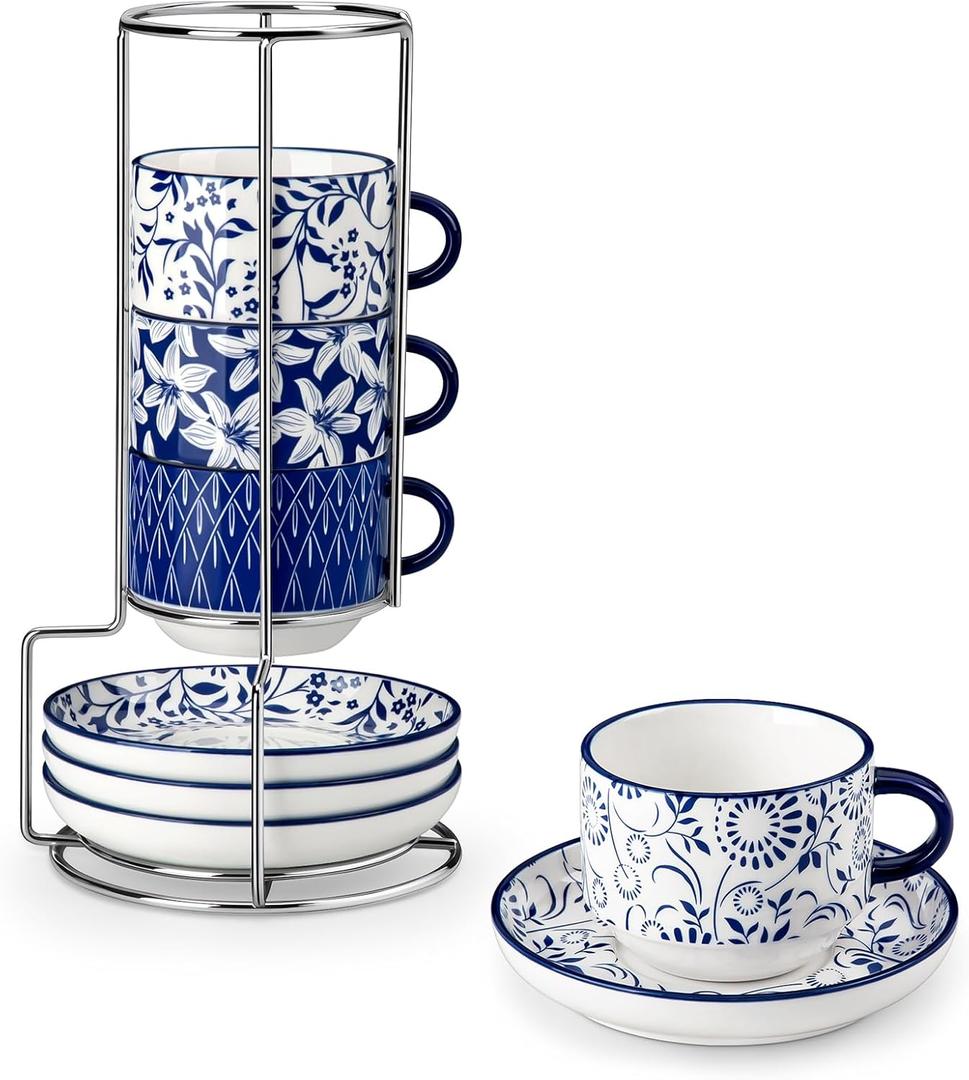 vancasso 8OZ Stackable Cappuccino Cups, Porcelain Espresso Cups with Saucers and Metal Stand Set of 4, Classic Printed Tea Cup Set for Coffee Drinks, Latte, Series SELENE (Vintage Blue, 8 Ounce)