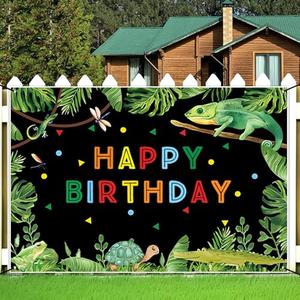 Renaiss 6x3.6ft Reptile Themed Birthday Banner Green Jungle Safari Swamp Birthday Party Decoration Crocodiles Lizard Frog Turtle Birthday Hanging Backdrop Kids Birthday Party Cake Table Banner