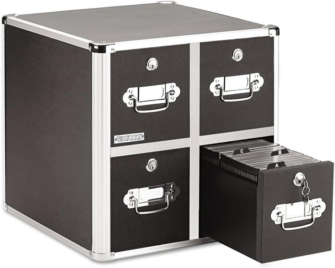 Vaultz CD Case Holder - File Cabinet CD Rack w/ 4 Drawers and Key Locks, 14 x 14.5 x 15.5 Inch DVD Organizer and CD Storage Box - Black