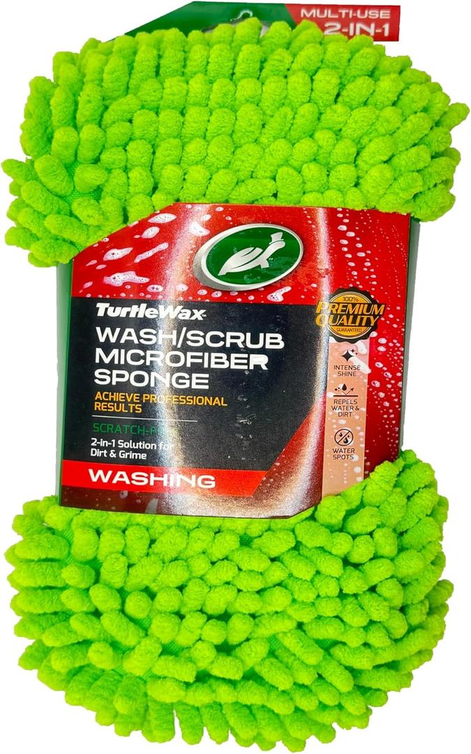 TurtIe Wax Wash Scrub Microfiber Sponge 3-in-1 Solution Achieve Professional Result (4" x 9.25" x 2") Light Green Quality Carwash Intense Shine No Water Spots