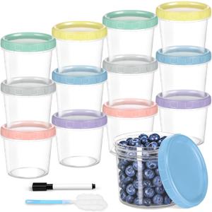 Yomarket 12pcs 10 oz Plastic Containers with Screw Lids, Reusable Clear Food Storage Containers with Pen and Brush for Snack Salad Fruit, Leakproof Small Freezer Container, Microwave & Dishwasher Safe