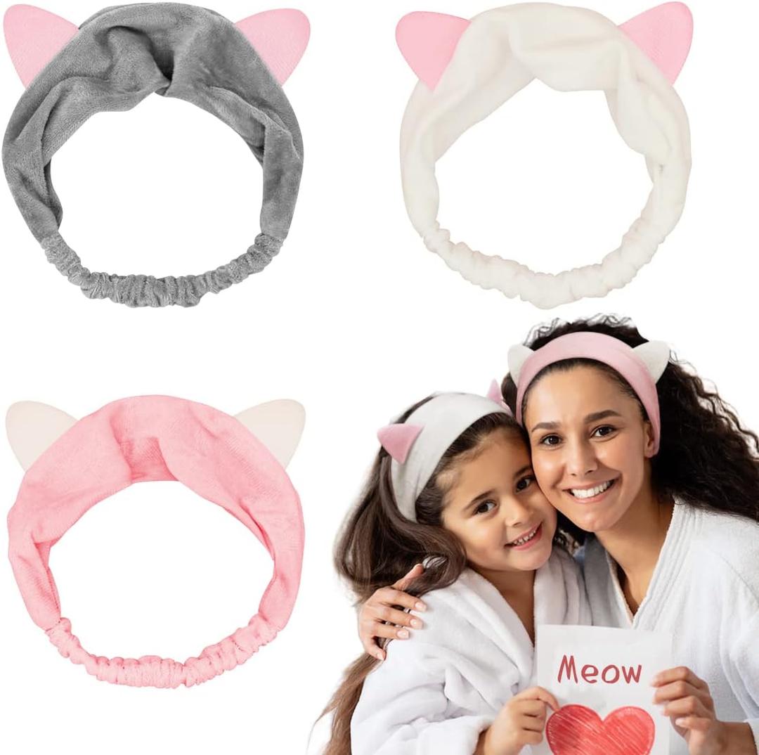 3 x Dreamlover Soft Velvet Cat Ears Headband, Comfortable & Breathable Skincare headbands for Makeup, SPA, Sports, Gift for Birthday, 3 Pieces
