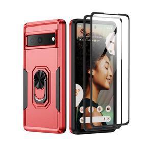 for Google Pixel 6A 5G Case with Screen Protector, Military Grade Dual Layer Heavy Duty Shockproof Full Body Protective Phone Cover, Built in Rotatable Magnetic Ring Holder for 6A (Red)