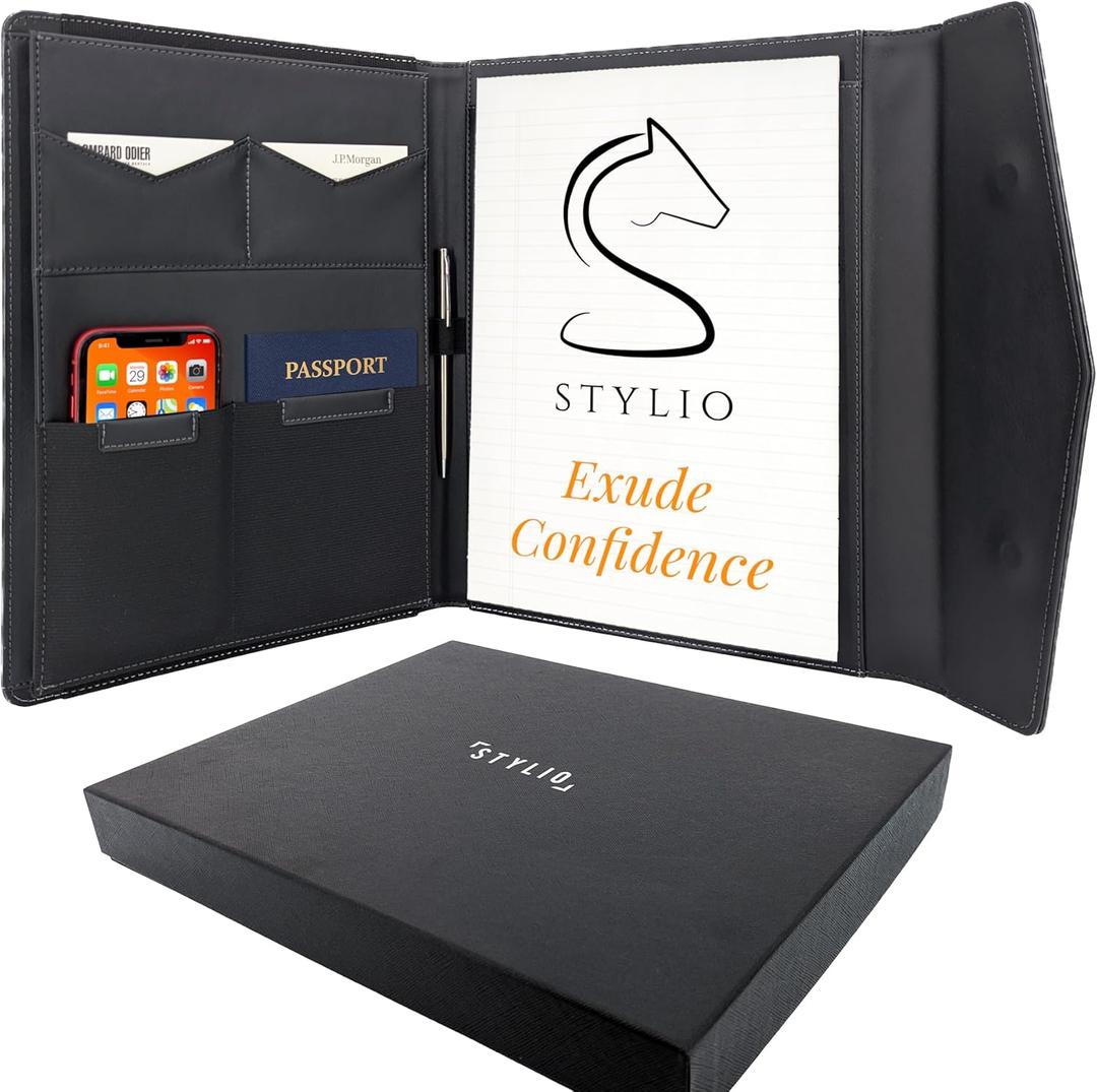 STLYIO Trifold Padfolio - Magnetic Closure. Stretchable Compartment for Tablet, Documents. Elastic Pockets for Phone, Gadgets, Passport, Travel Documents. Letter-Sized Notepad and Gift Box Included. (Padfolio w/ Magnetic Clasp (12.5" x 10.2" x 1.6"), Black)