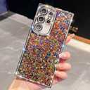 Trendy Girly Glitter Powder Compatible with Sumsung Galaxy Rectangle Case, Elegent Cute Slim Women Bling Diamond Rhinestones Plating Phone Cases(Black,S24 Ultra)
