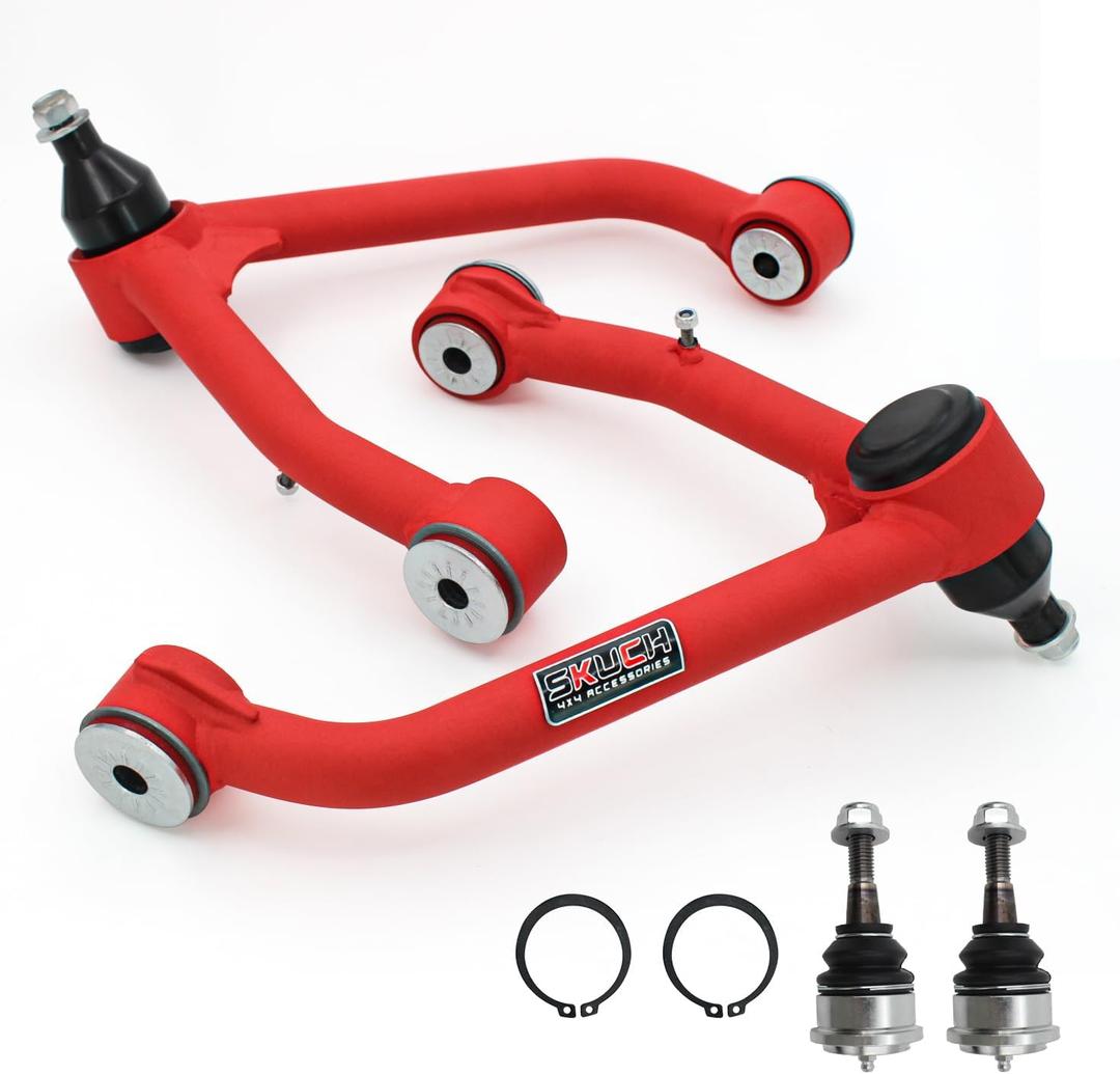 2-4" Lift Front Upper Control Arms for 2014-2018 Chevy Silverado GMC Sierra 1500, 2015-2018 Chevy Tahoe, Suburban 1500, GMC Yukon/Yukon XL, Escalade/ESV, 2 Replacement Ball Joints, Wrinkle Red