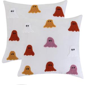 Tosleo Halloween Throw Pillow Covers 18x18 Set of 2 Happy Halloween White Spooky Ghost Orange Pillow Covers Embroidered Pillow Cases Thanksgiving Home Party Fall Decor Square Cushion Covers