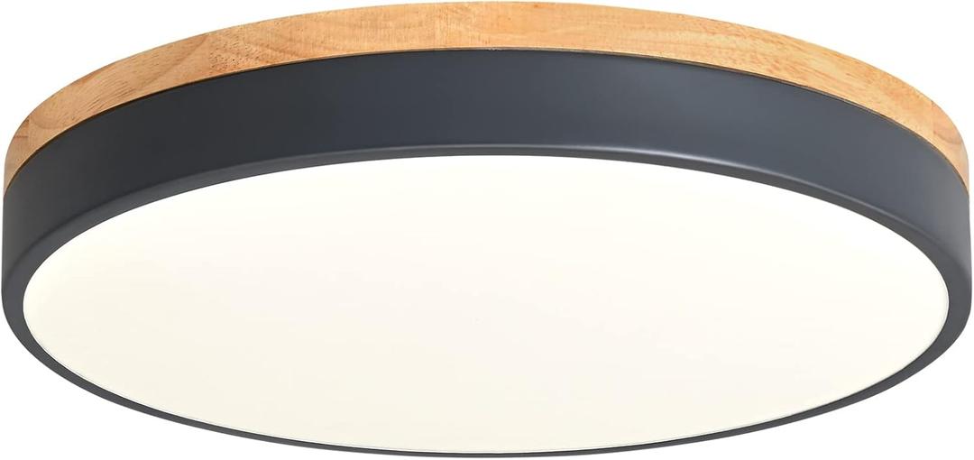 Yiisem Dimmable Wood LED Flush Mount Ceiling Light, 5CCT 2700K-6000K Selectable Modern Round Close to Ceiling Lighting Fixtures, Minimalist Grey Ceiling Lamp for Living Room, Bedroom, Laundry Room
