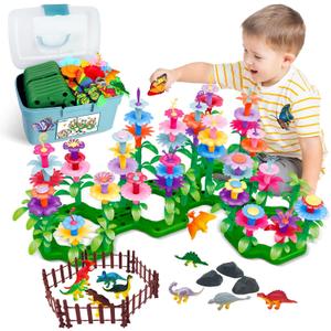 Toys Gifts for Toddlers Boys Girls Age 2 3 4 5 6, 167 PCS Dinosaur Flower Garden Building Blocks, STEM Fine Motor Skill Stacking Games, First 1st Birthday Gifts for Preschool Kids 2+ Years Old
