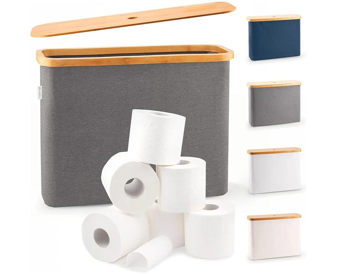 LONBET Toilet Paper Storage for 12 Rolls, Stackable & Foldable - The Ultimate Bathroom Organizer - Waterproof Basket with Bamboo Lid - Elegant Toilet Paper Storage Holder, Gray