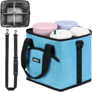 Reusable Drink Carrier with Handle Insulated, Collapsible 4-Cup Beverage Bag with No-Spill Base, Adjustable Dividers & Shoulder Strap, Portable Caddy for Delivery, Car and Travel,Blue
