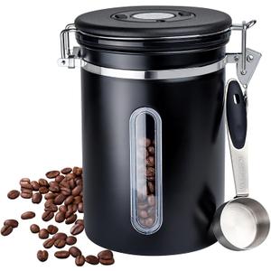 22oz Black Airtight Coffee Canister with Window  Stainless Steel Food Storage Jar with Date Tracker, BPA-Free Silicone Seal & Scoop  For Coffee Beans, Grounds, Tea, Oats, Nuts